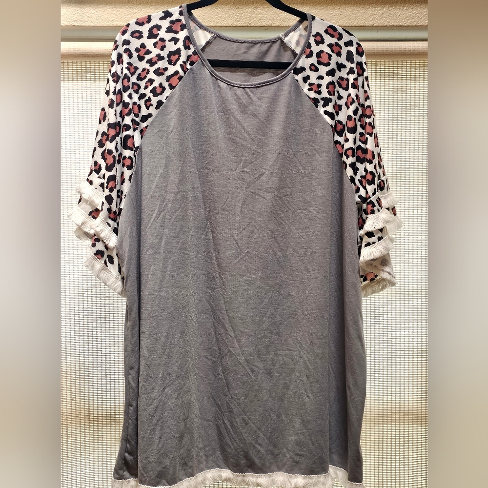 Leopard Print White Tassel Sleeves and Hem Gray Pullover Tee Shirt Tunic Top
